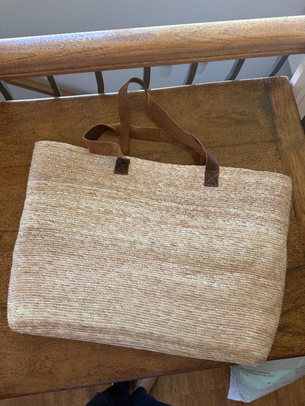 Woven Straw Tote Bag with Leather Straps